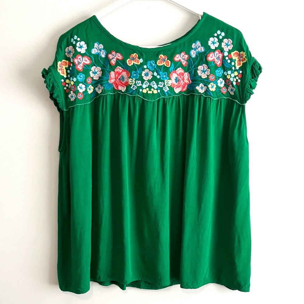 Jodifl Ruffle Short Sleeve Embroidered Peasant Blouse